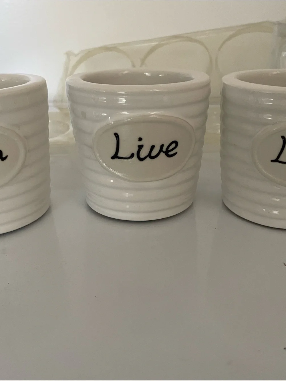 New Yankee Candle holders White Ceramic 'Live laugh love”' Trio
